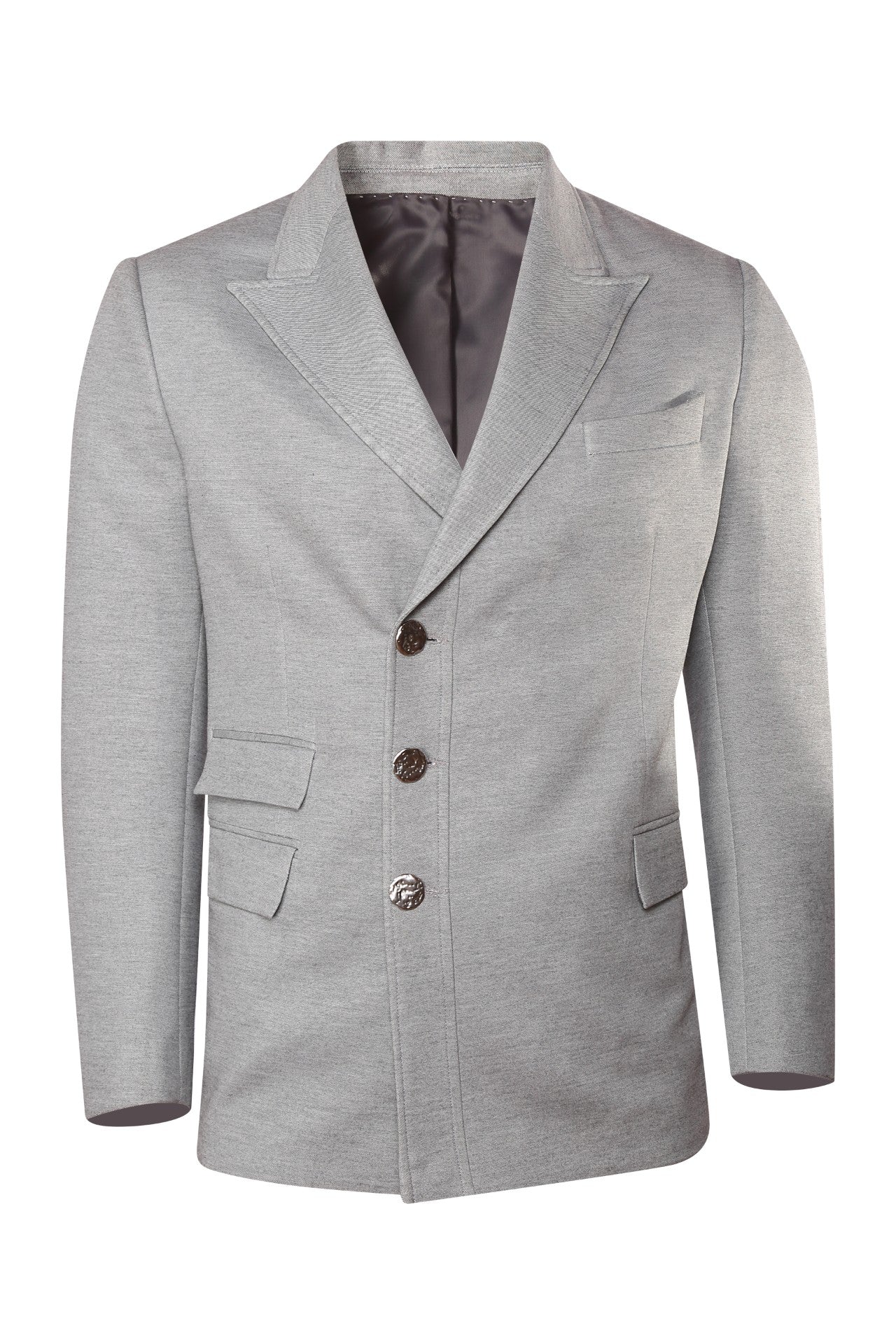 Grey knitted wing collar jacket with asymmetric front