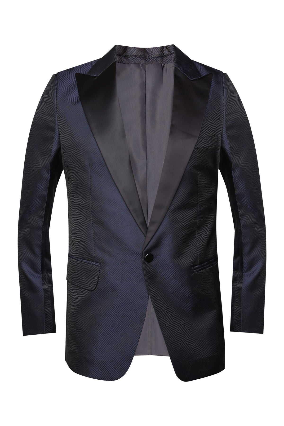 Blue single button tuxedo in self jacquard suiting fabric