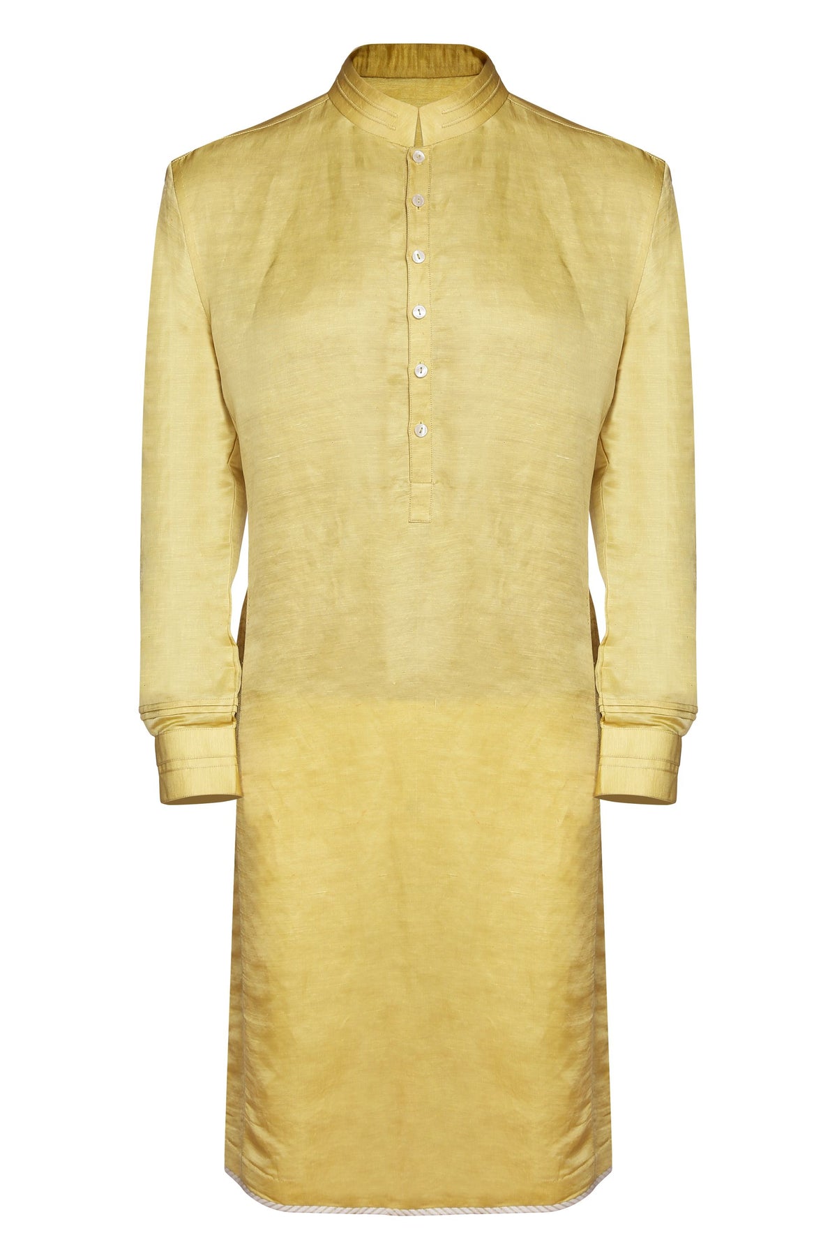 MUSTARD CLASSIC LINEN SATIN KURTA WITH INTRICATE TAILORING DETAILS