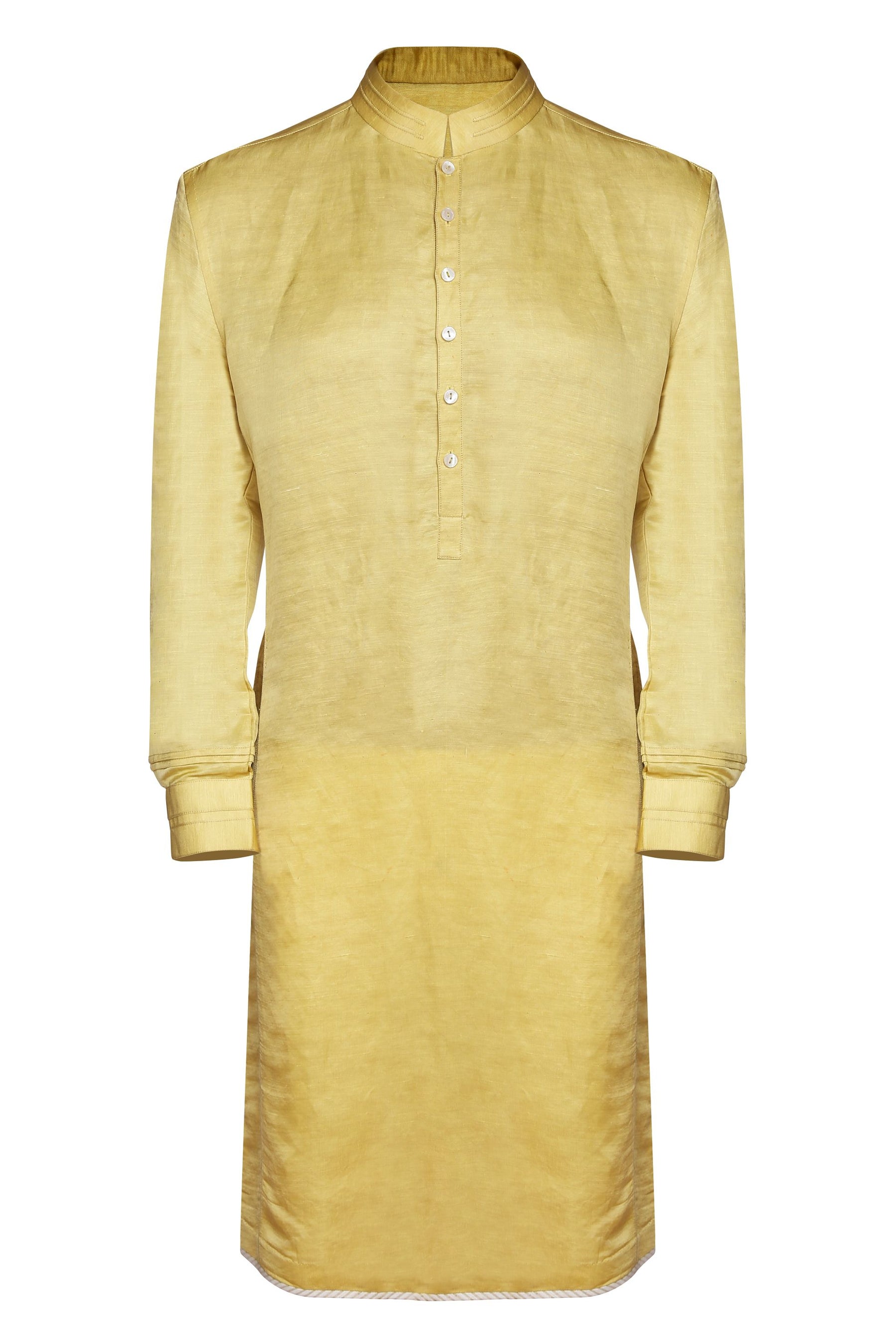 MUSTARD CLASSIC LINEN SATIN KURTA WITH INTRICATE TAILORING DETAILS