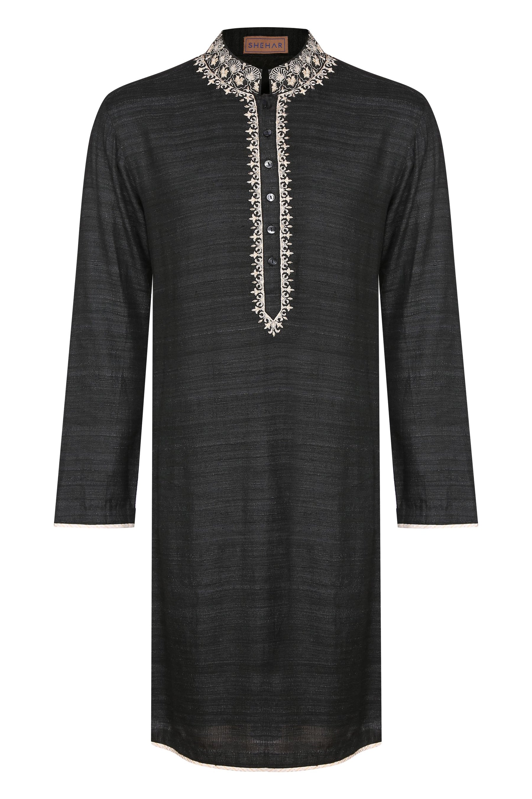 BLACK EMBROIDERED MATKA SILK KURTA