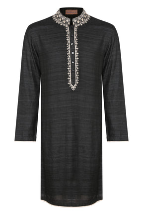 BLACK EMBROIDERED MATKA SILK KURTA