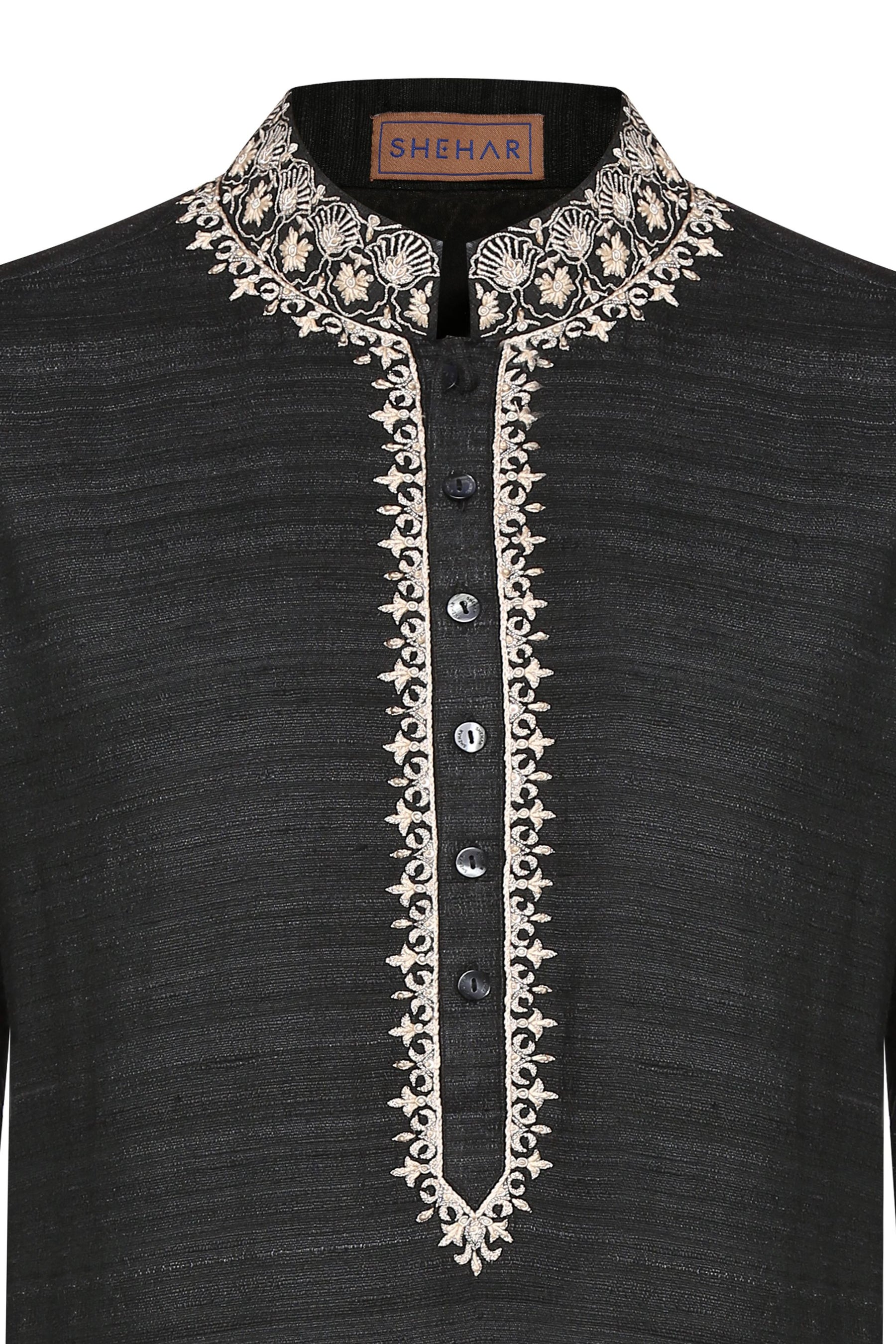 BLACK EMBROIDERED MATKA SILK KURTA